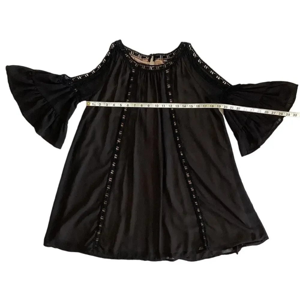 INA Cold Shoulder Bell‎ Sleeve Crochet Mini Shift Dress Black S